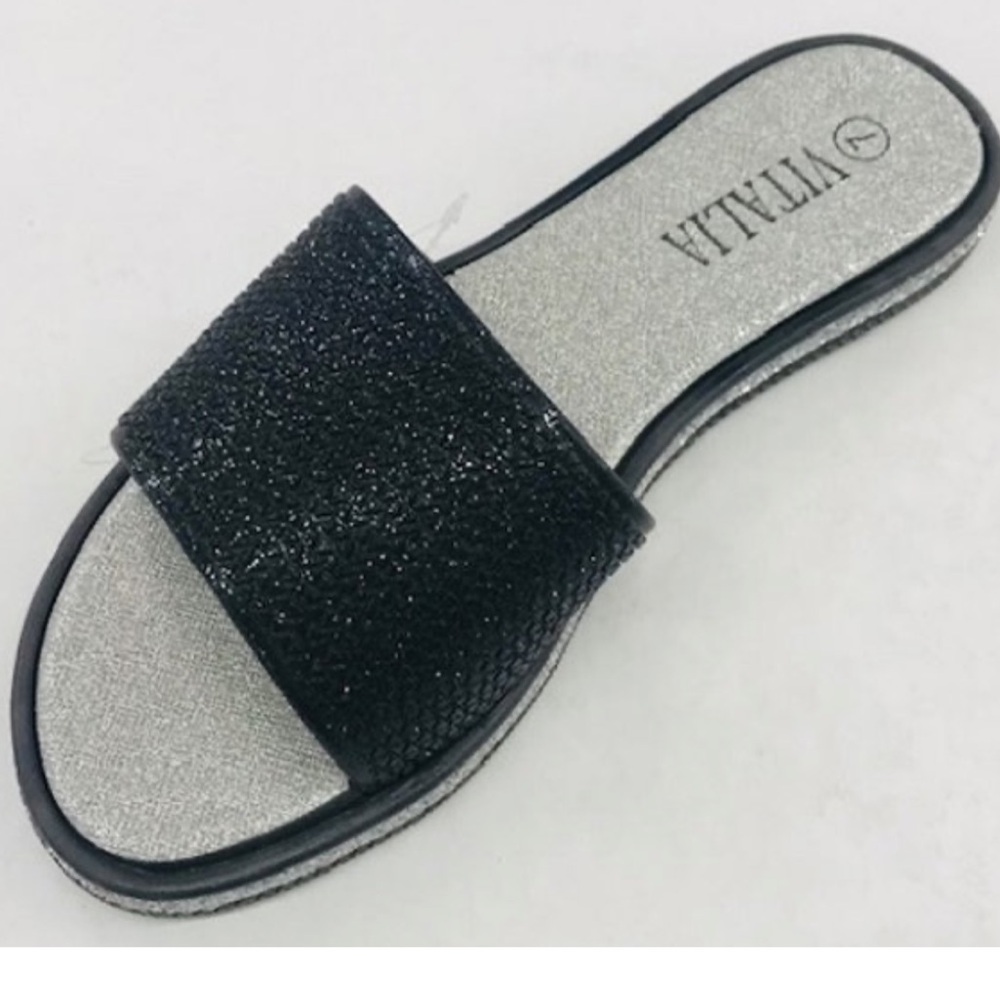 Glitter Slides Women’s Spa Sandals Black & Silver Multiple Sizes Available